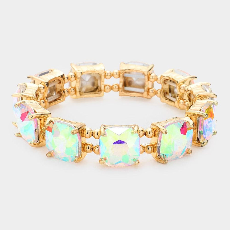 Cushion Cut Crystal Stretch Bracelet | Handmade Glass Bead Jewelry | Beaded Stacking Bracelet