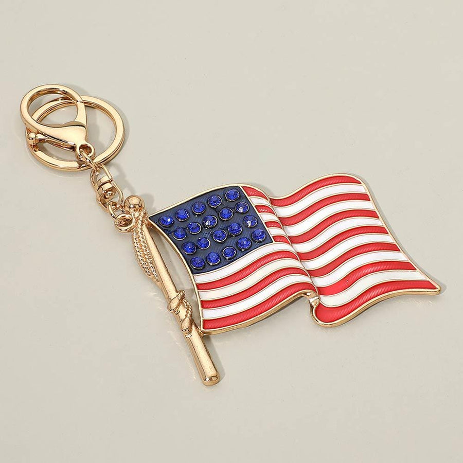 Rhinestone Accent American USA Flag Keychain Bag Charm | Patriotic Purse Accessory | Sparkly Keyring