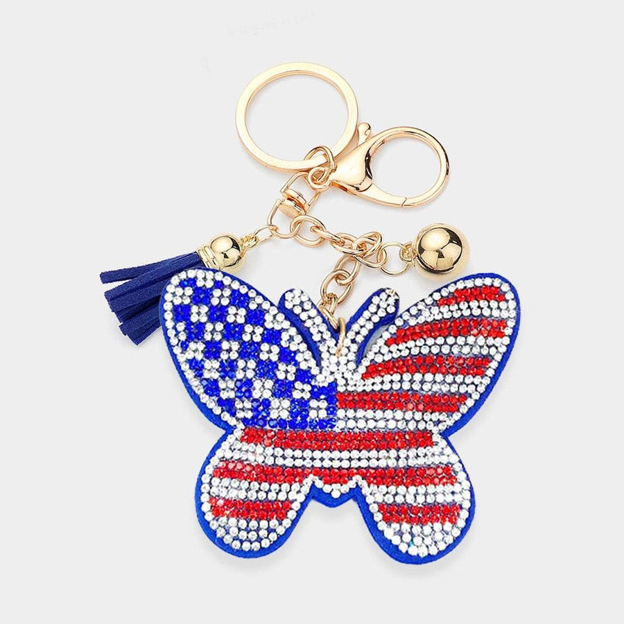 Bling USA Flag Tassel Keychain | Sparkly Patriotic Purse Accessory, Red White Blue Bag Charm