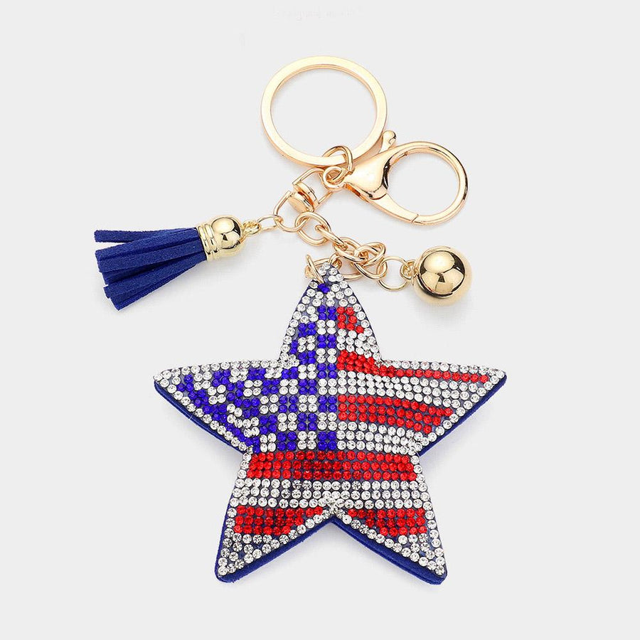 Bling USA Flag Tassel Keychain | Sparkly Patriotic Purse Accessory, Red White Blue Bag Charm