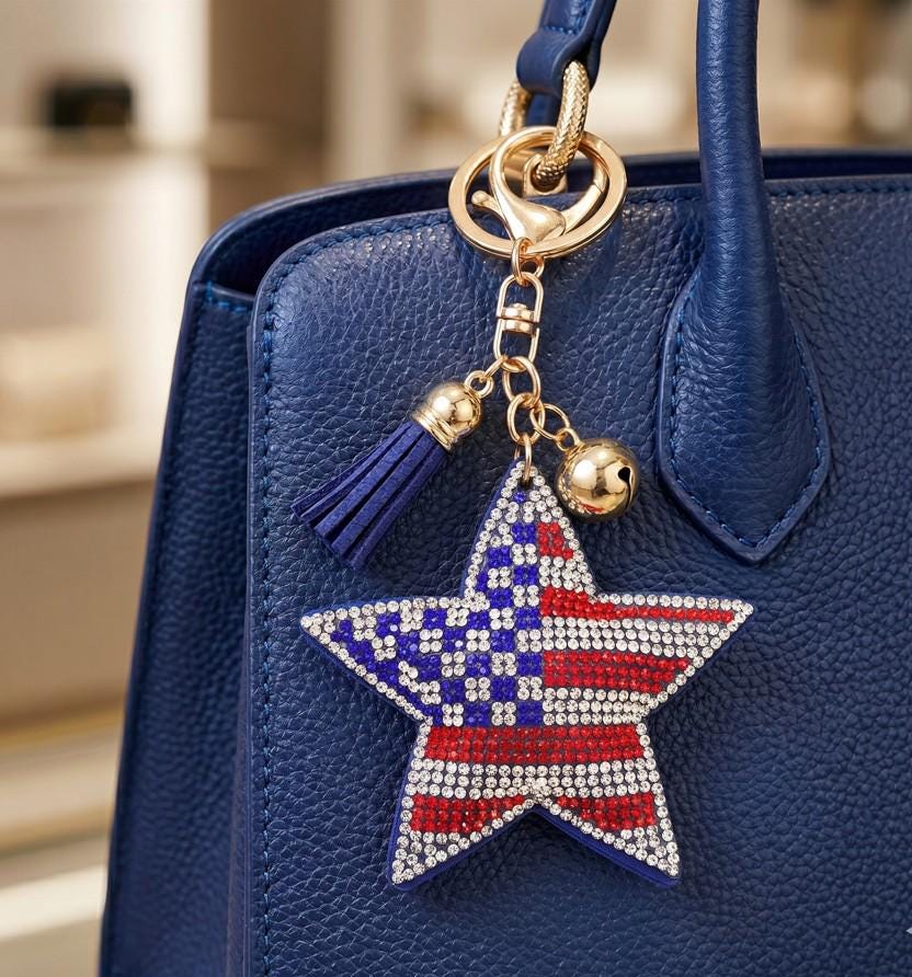 Bling USA Flag Tassel Keychain | Sparkly Patriotic Purse Accessory, Red White Blue Bag Charm