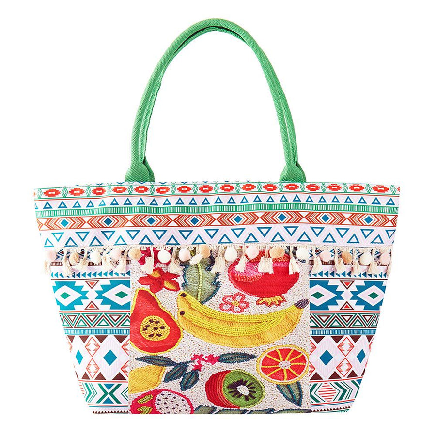 Boho Fruit Print Fringe Tote Bag | Bohemian Beach Handbag | Vacation Shoulder bag