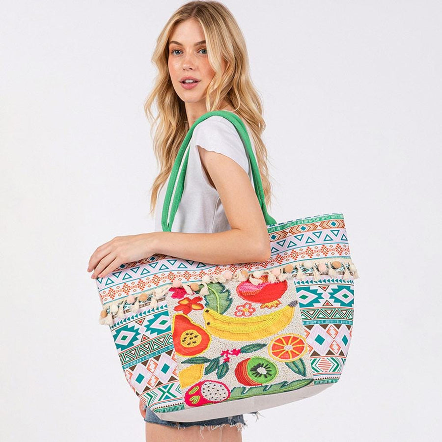 Boho Fruit Print Fringe Tote Bag | Bohemian Beach Handbag | Vacation Shoulder bag