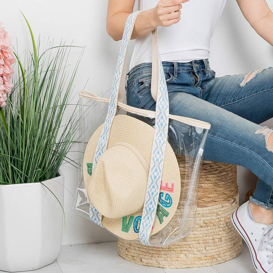 Transparent Hat Carrying Tote Bag | Aztec Strap Beach Travel Bag | Resort & Vacation Handbag