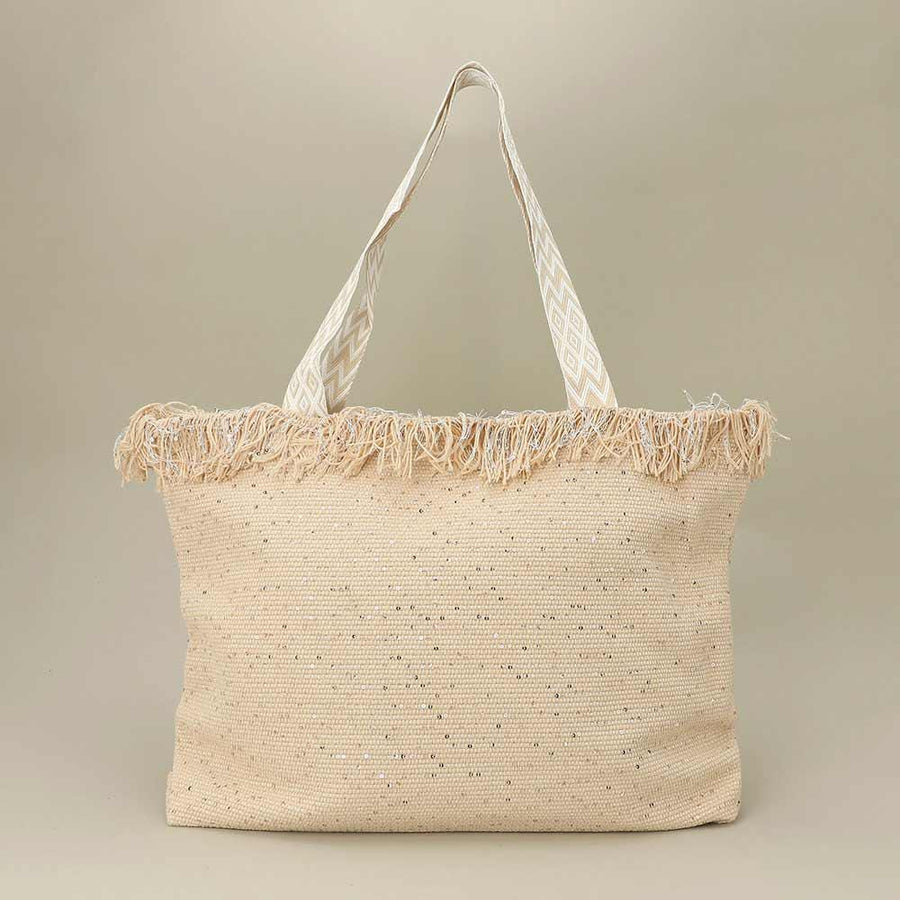 Sequin Embellished Woven Tote Bag | Large Frayed Shoulder Beach Bag | Boho Summer Handbag