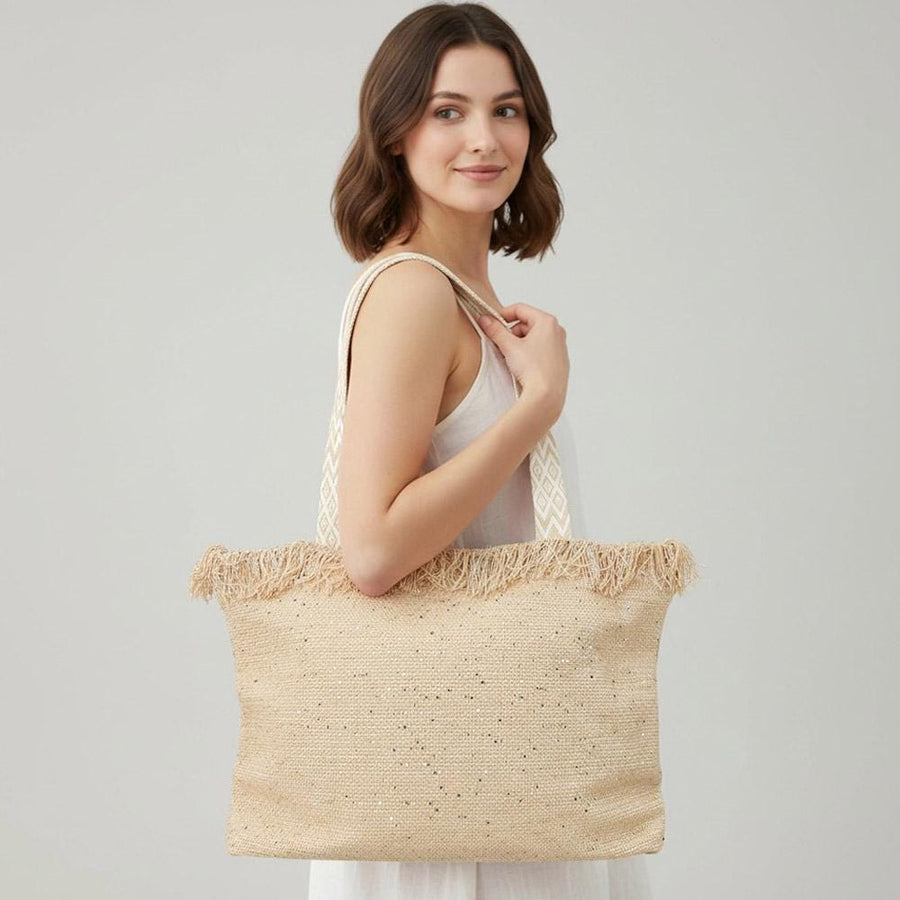 Sequin Embellished Woven Tote Bag | Large Frayed Shoulder Beach Bag | Boho Summer Handbag