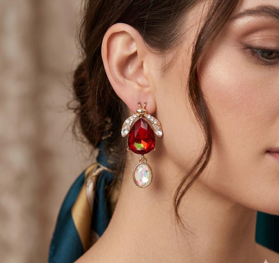 Teardrop Stone Cluster Dangle Earrings | Bug Oval Rhinestone Statement Jewelry