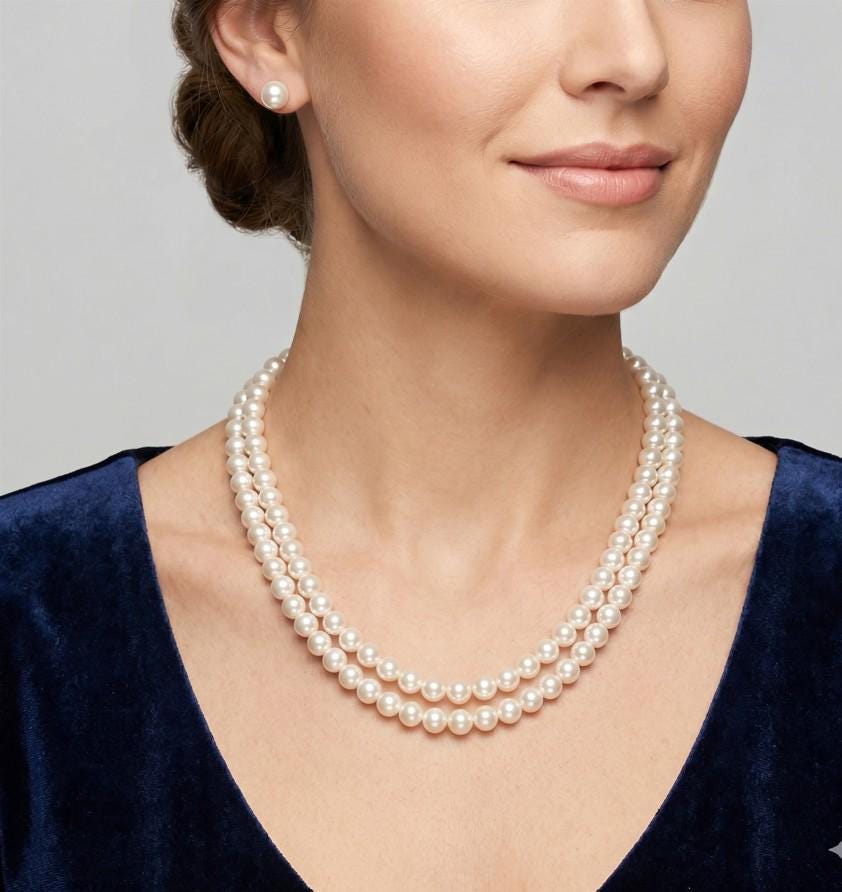 Double Layered Pearl Necklace and Earrings set | Elegant Two Strand Pearl Jewelry