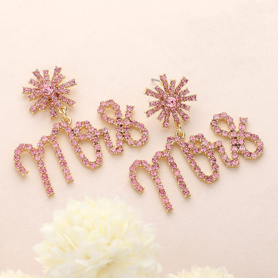 Mrs Rhinestone Embellished Message Dangle Earrings | Sparkly Bridal Statement Jewelry | Wedding Bachelorette Bride Earrings