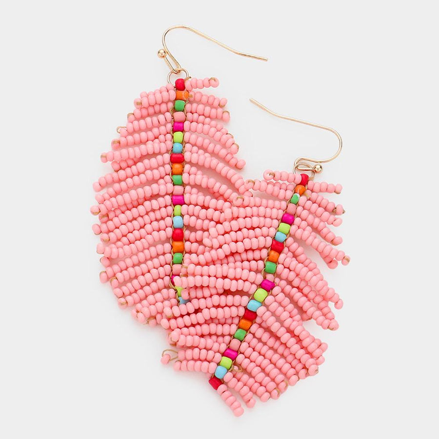 Seed Beaded Feather Dangle Earrings | Colorful Boho Statement Jewelry