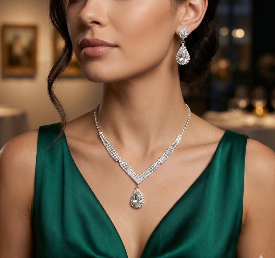 Teardrop Rhinestone Paved Necklace Set– Pointed Stone Pendant, Sparkly Statement Jewelry, Bridal & Party Necklace