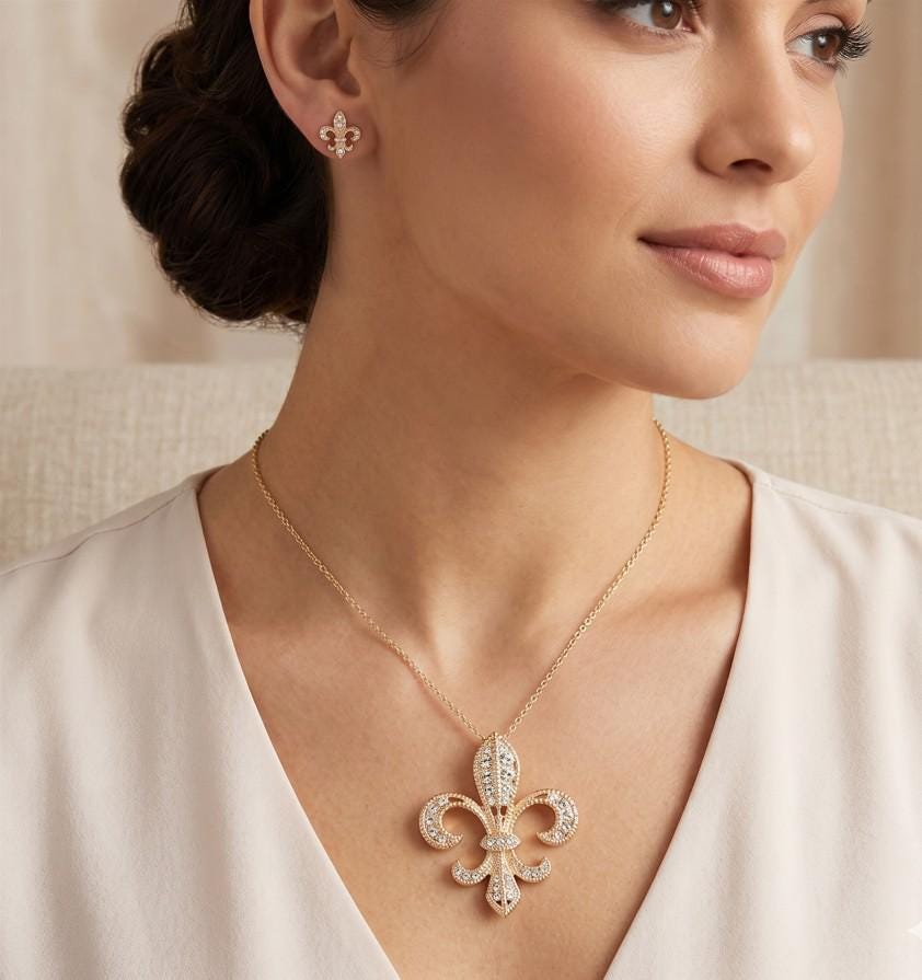 Rhinestone Fleur de Lis Pendant Necklace and Earring Set | Mardi Gras Sparkle Jewelry