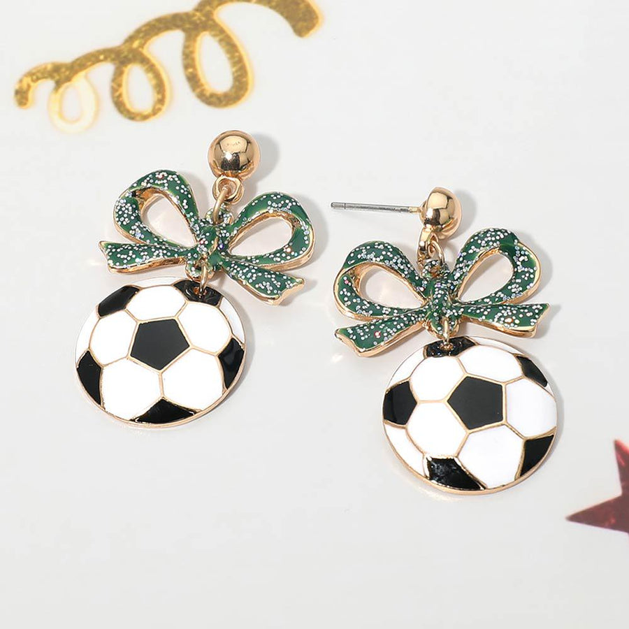 Bow Soccer Ball Drop Earrings | Sports Fan Dangle Jewelry | Game Day Statement Accessory