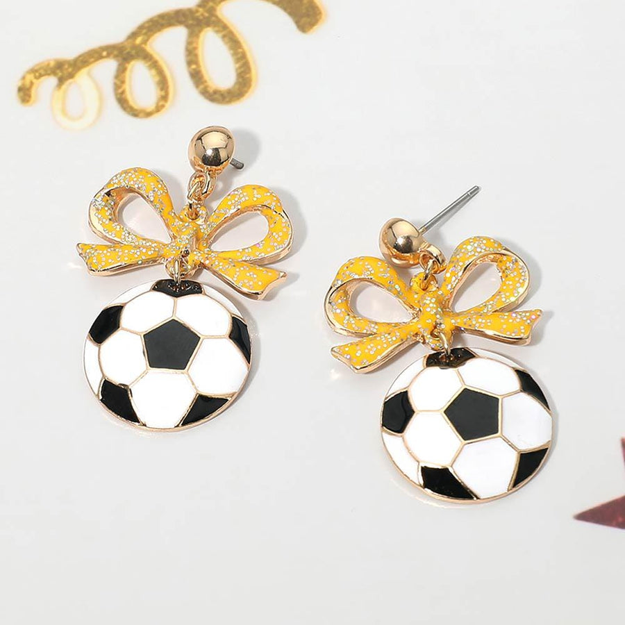 Bow Soccer Ball Drop Earrings | Sports Fan Dangle Jewelry | Game Day Statement Accessory