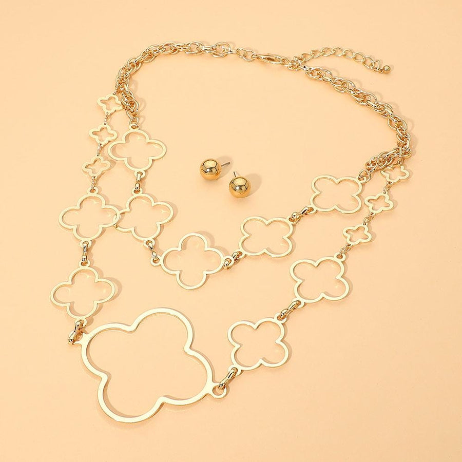 Metal Open Quatrefoil Link Layered Oversized Statement Necklace and Earrings Set | Chunky Layered Chain