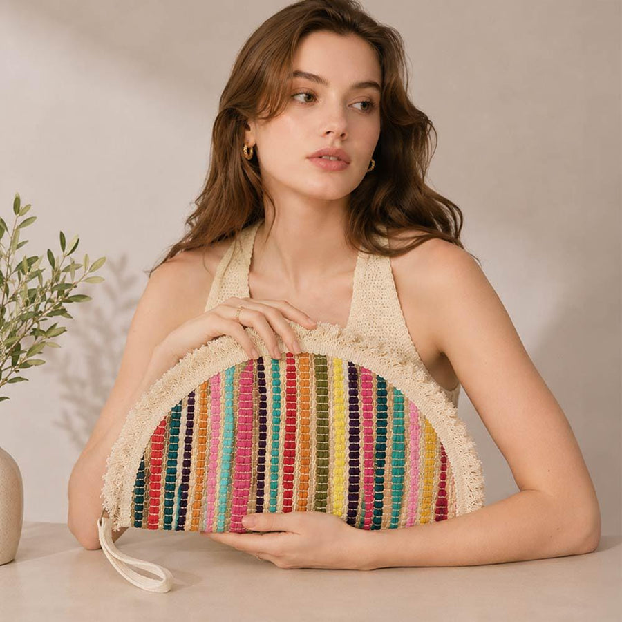 Boho Fringe Textured Half Moon Clutch Bag | Woven Bohemian Wristlet Purse | Chic Evening Purse