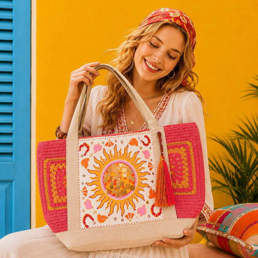 Boho Sunburst Sequin Beaded Tassel Accent Granny Square Large Tote | Trendy Bohemian Shoulder bag