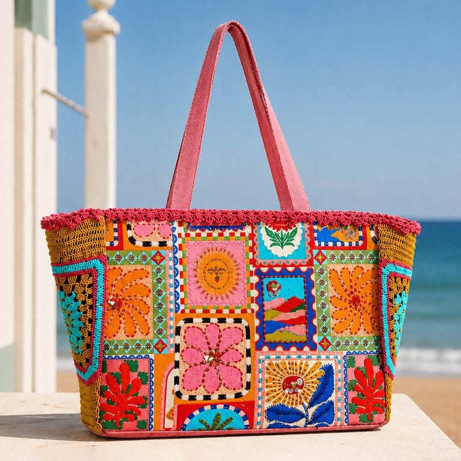Boho Embroidered Floral Patchwork Large Structured Carryall Shoulder Tote Bag | Trendy Bohemian Handbag