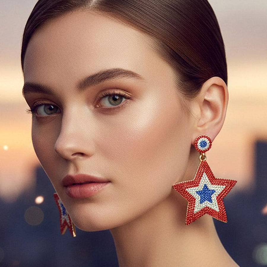 Rhinestone Studded Patriotic Star Drop Dangle Earrings | Sparkly Statement Jewelry | Red White Blue Jewelry