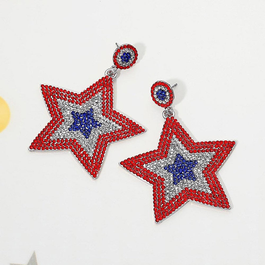 Rhinestone Studded Patriotic Star Drop Dangle Earrings | Sparkly Statement Jewelry | Red White Blue Jewelry