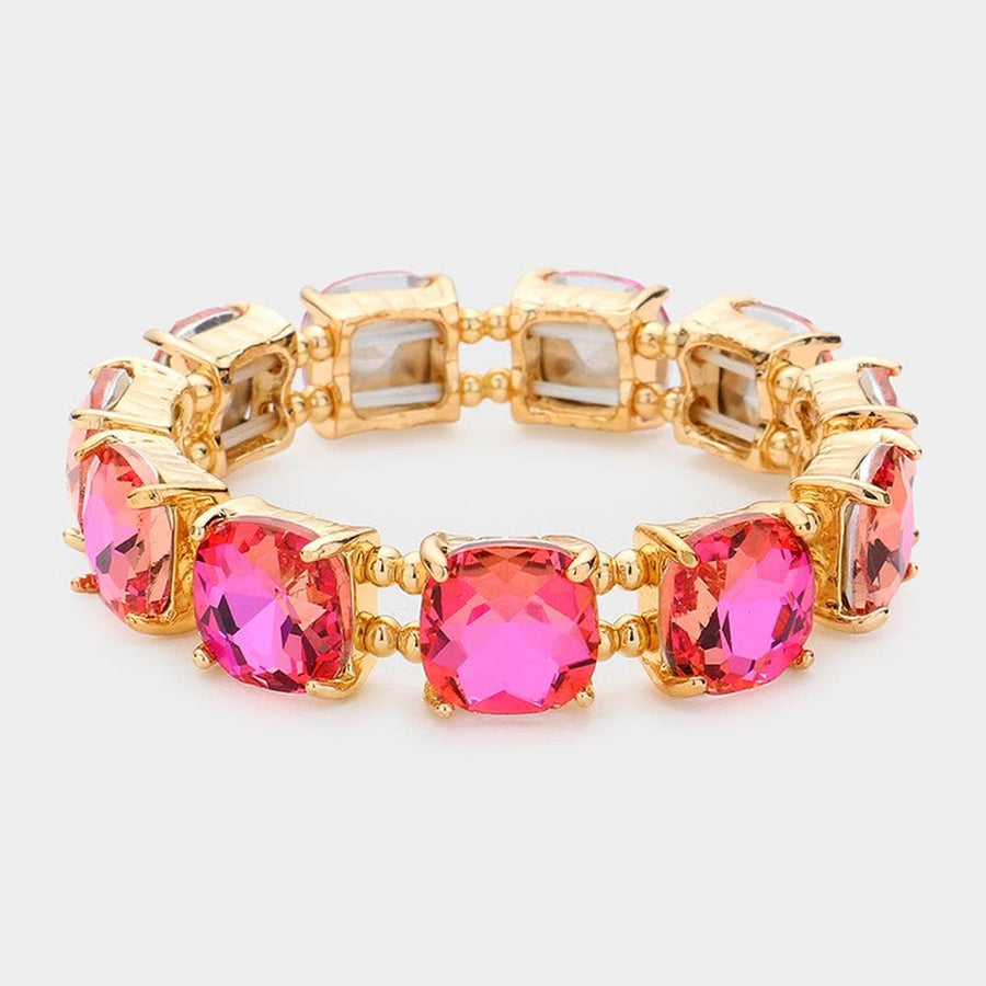 Cushion Cut Crystal Stretch Bracelet | Handmade Glass Bead Jewelry | Beaded Stacking Bracelet
