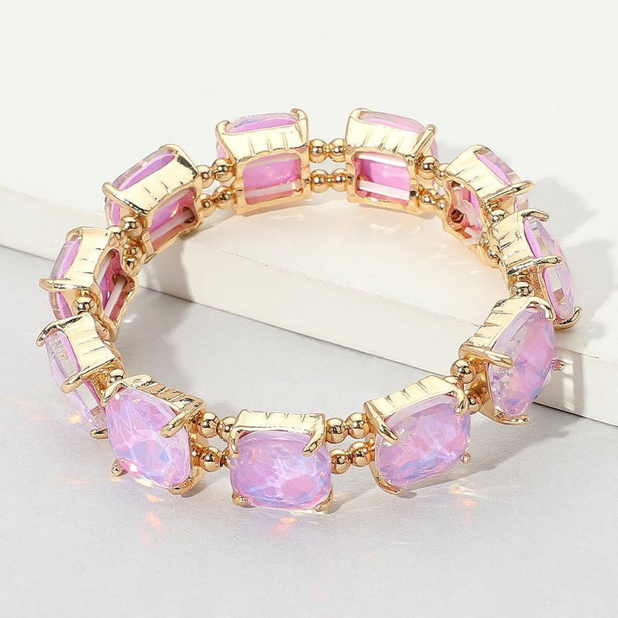 Cushion Cut Crystal Stretch Bracelet | Handmade Glass Bead Jewelry | Beaded Stacking Bracelet