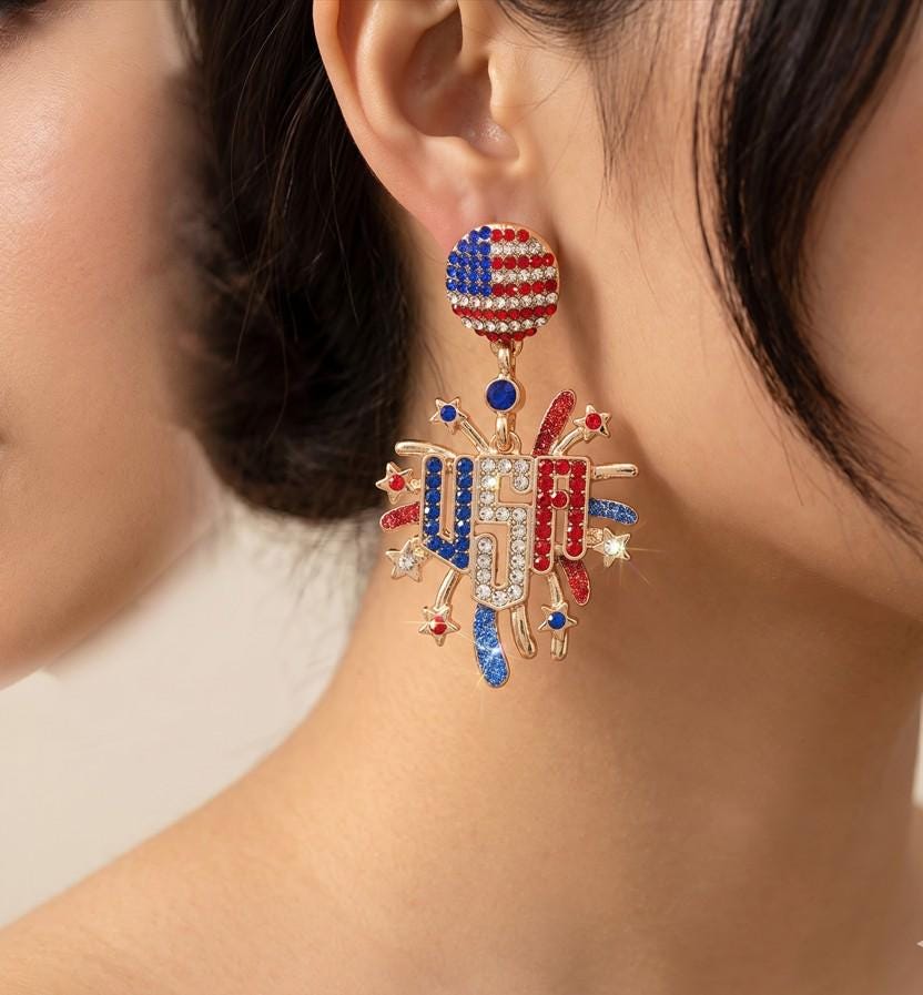 USA Flag Firework Dangle Earrings | Stone Paved Enamel Patriotic Statement Jewelry
