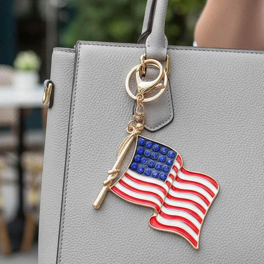 Rhinestone Accent American USA Flag Keychain Bag Charm | Patriotic Purse Accessory | Sparkly Keyring
