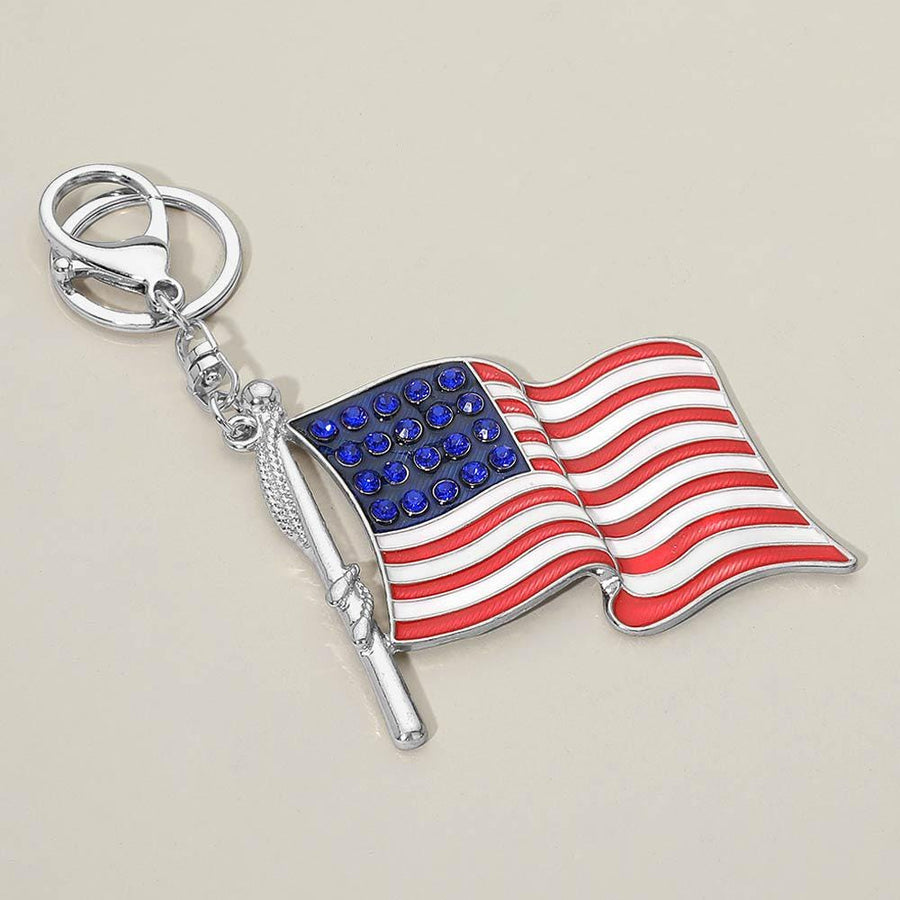 Rhinestone Accent American USA Flag Keychain Bag Charm | Patriotic Purse Accessory | Sparkly Keyring