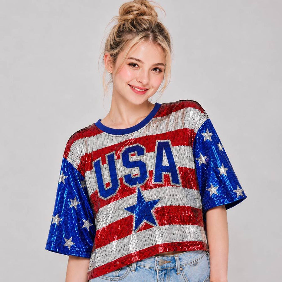 American USA Sequin Patriot Graphic Top - 4th of July T-Shirt - Festive Patriotic Tees Tops