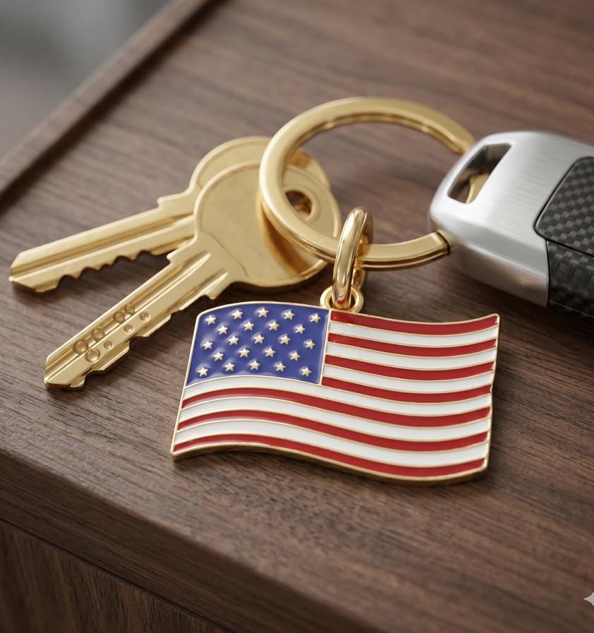 American USA Flag Charm Keychain - Patriotic 4th of July Keychain - Heart and Bow Keyring