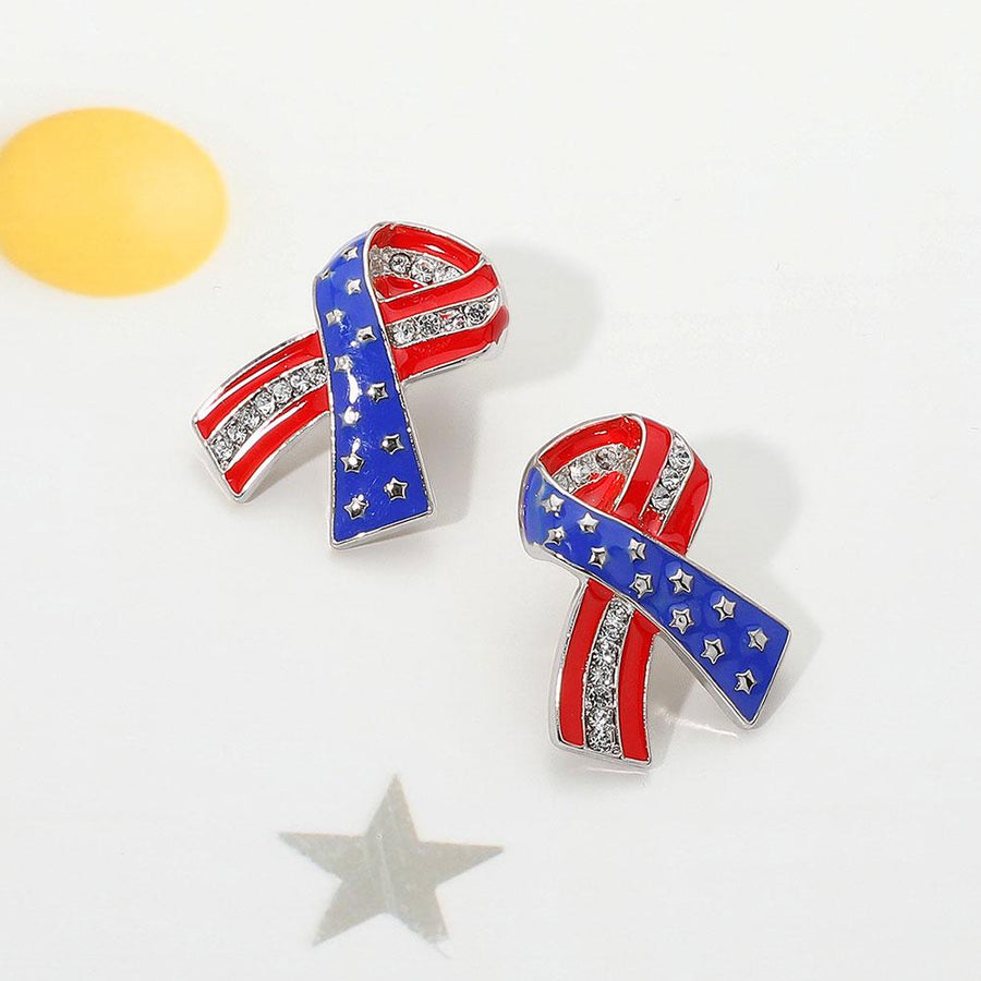 Stone Paved Enamel American USA Flag Bow Earrings - Sparkly Patriotic Jewelry - Festive Bow Studs