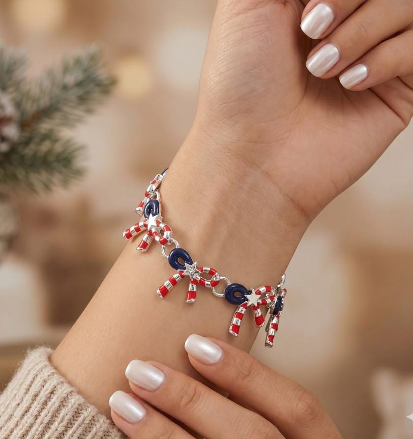 American USA Flag Patriotic Bow Charm Link Magnetic Bracelet - Easy Clasp Bracelet Gift