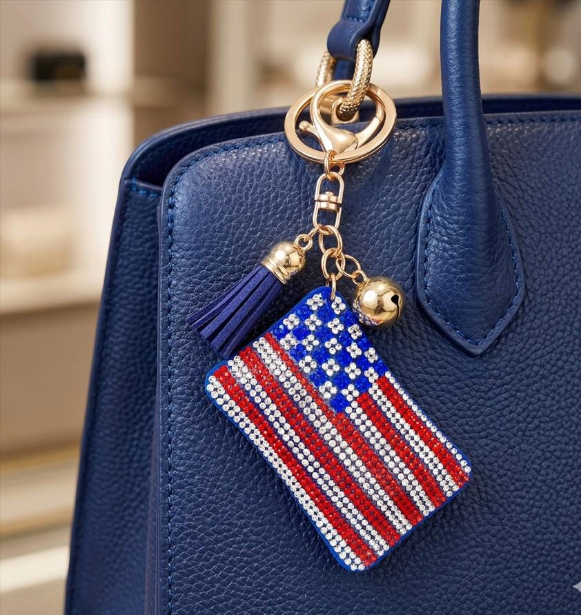 Bling USA Flag Tassel Keychain | Sparkly Patriotic Purse Accessory, Red White Blue Bag Charm