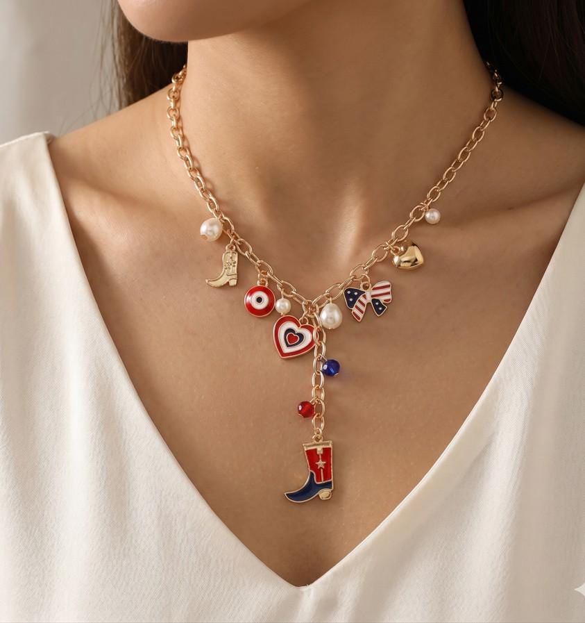 Enamel USA Flag Western Cowboy Boot Bow Heart Pearl Charm Station Necklace - Cowgirl Jewelry