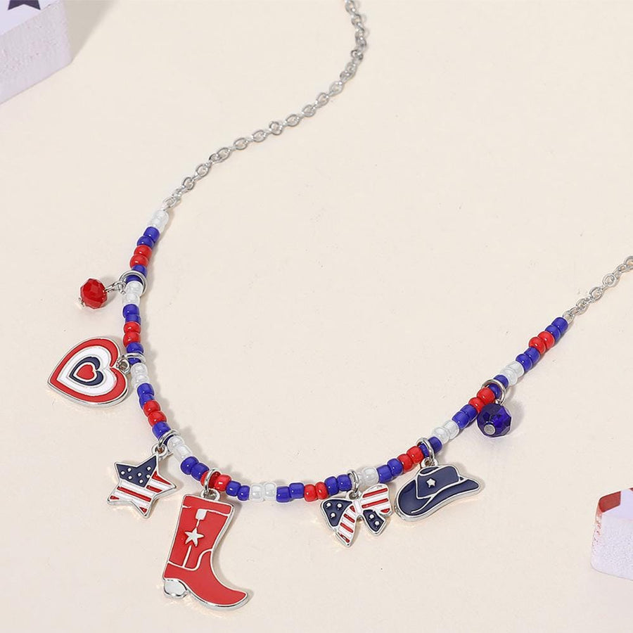 Enamel USA Flag Western Boot Hat Bow Star Heart Charm Beaded Necklace - Cowgirl Gift