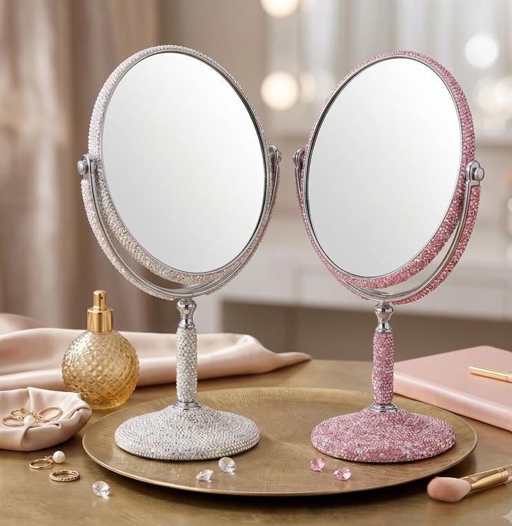 Bling Studded Double Sided Rotating Stand Vanity Mirror | Bridal Makeup Mirror | Elegant Tabletop Decor