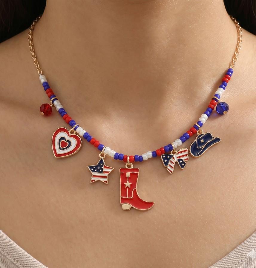 Enamel USA Flag Western Boot Hat Bow Star Heart Charm Beaded Necklace - Cowgirl Gift