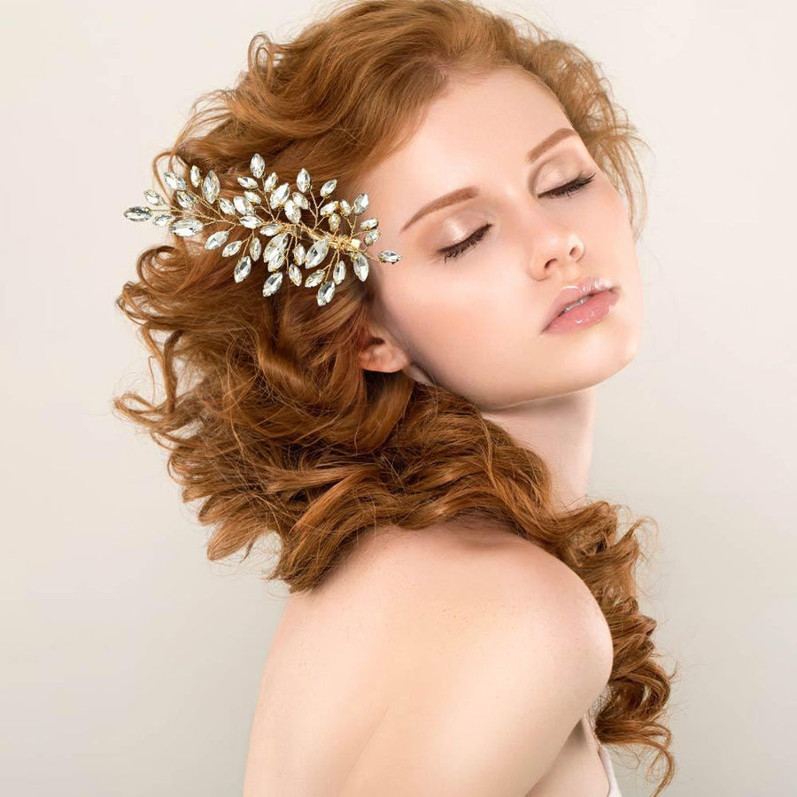 Marquise Stone Leaf Branch Hair Clip | Elegant Bridal Handmade Hair Barrette | Wedding Accessory