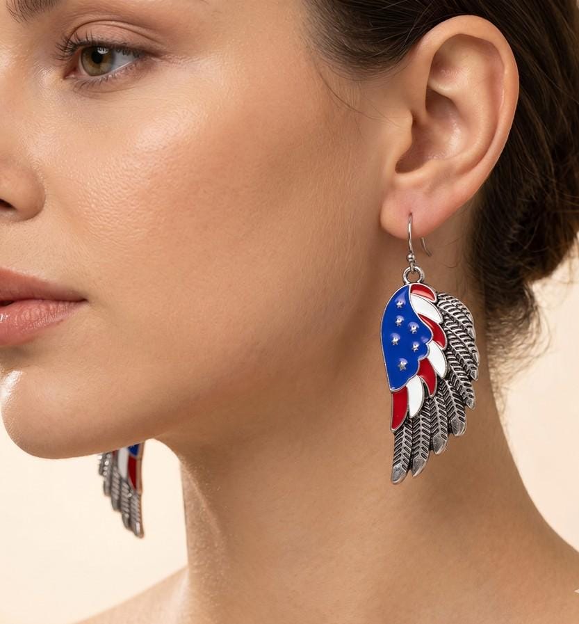 Enamel USA Flag Wing Dangle Earrings - Patriotic Earrings for Women - American Eagle Wings Earring