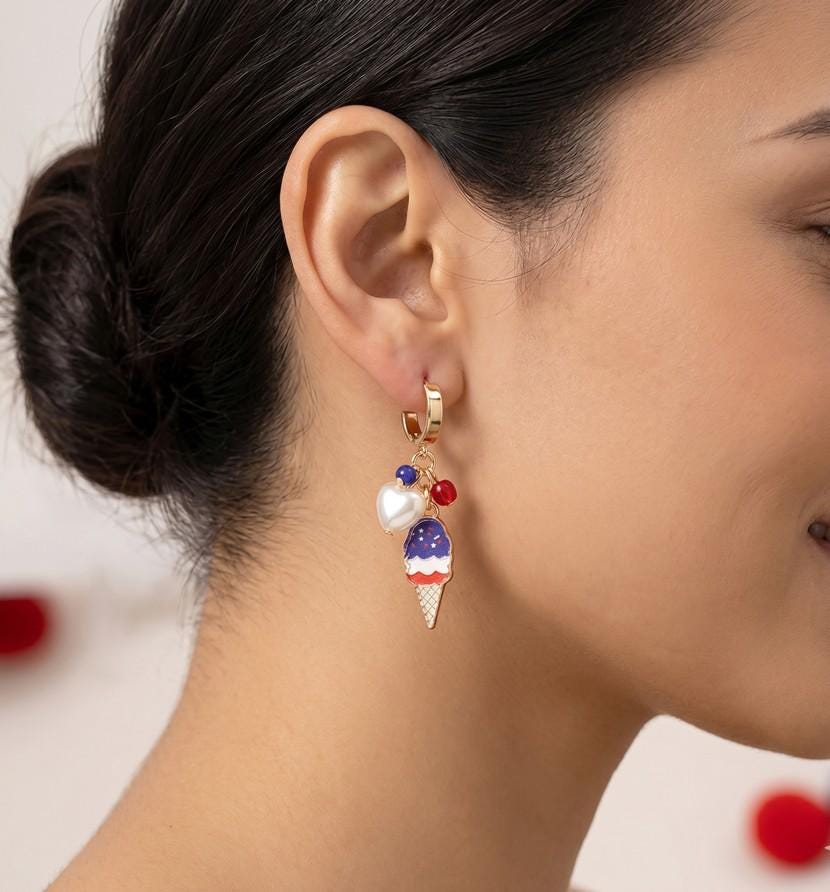 Enamel USA Flag Ice Cream Cone Pearl Heart Bead Dangle Earrings - Fun Summer Earrings