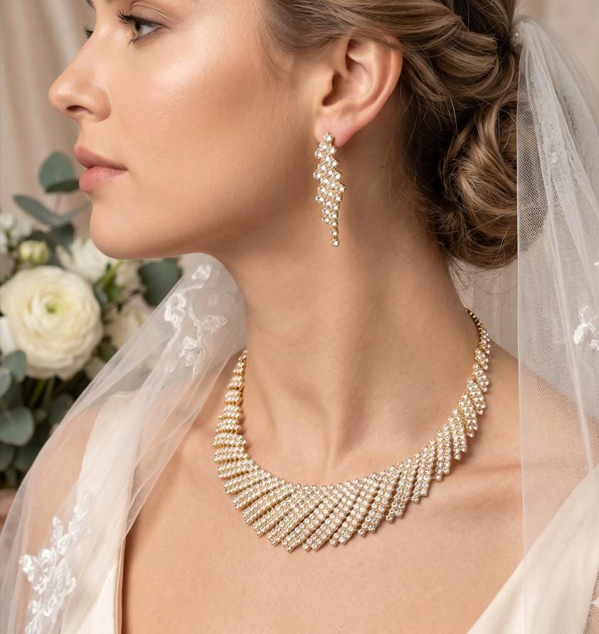 Crystal Rhinestone Round Collar Necklace Set | Glam Statement Bib Jewelry | Bridal Evening Party Necklace