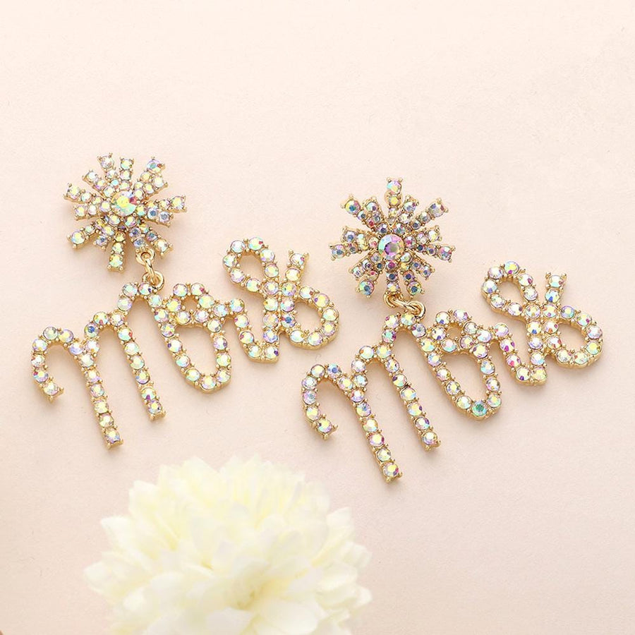 Mrs Rhinestone Embellished Message Dangle Earrings | Sparkly Bridal Statement Jewelry | Wedding Bachelorette Bride Earrings