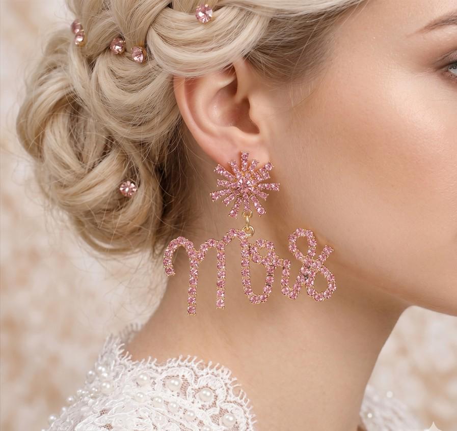 Mrs Rhinestone Embellished Message Dangle Earrings | Sparkly Bridal Statement Jewelry | Wedding Bachelorette Bride Earrings