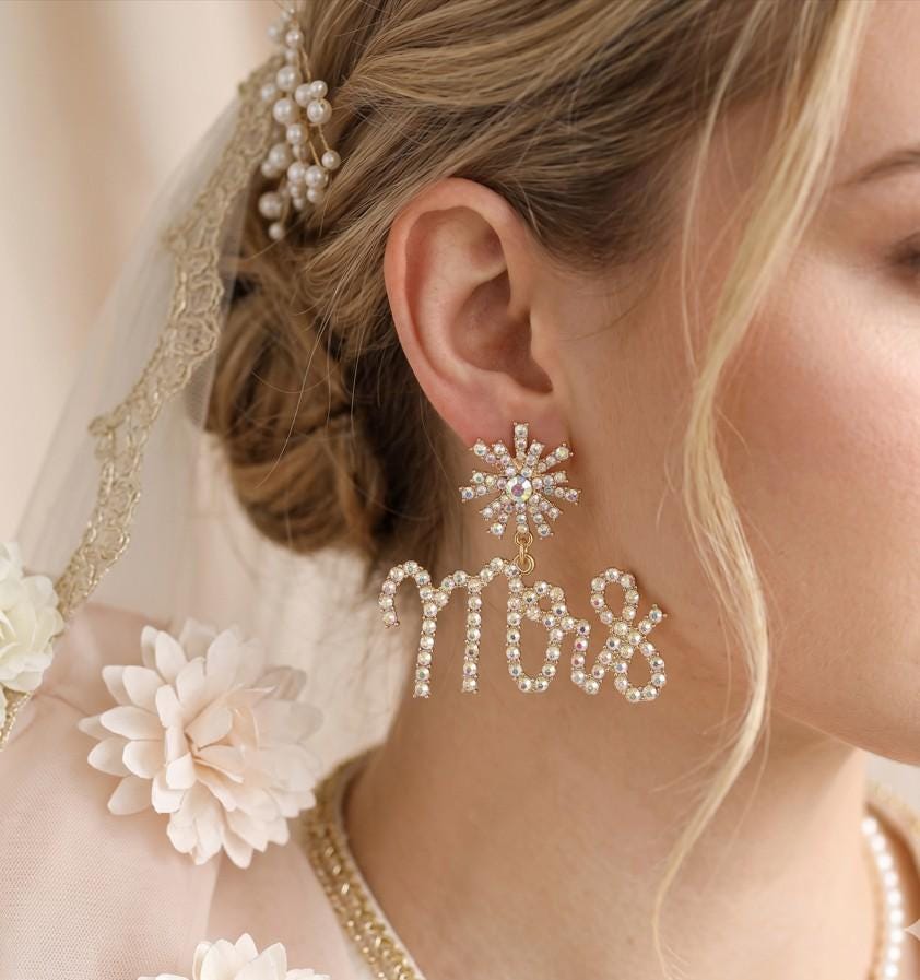 Mrs Rhinestone Embellished Message Dangle Earrings | Sparkly Bridal Statement Jewelry | Wedding Bachelorette Bride Earrings