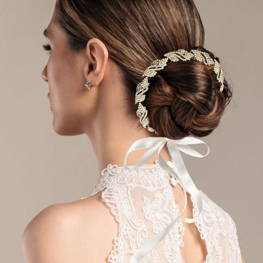 Rhinestone Paved Leaf Vine Wrap Headpiece | Bridal Crystal Hair Wreaths | Wedding Headband Hair Accessory