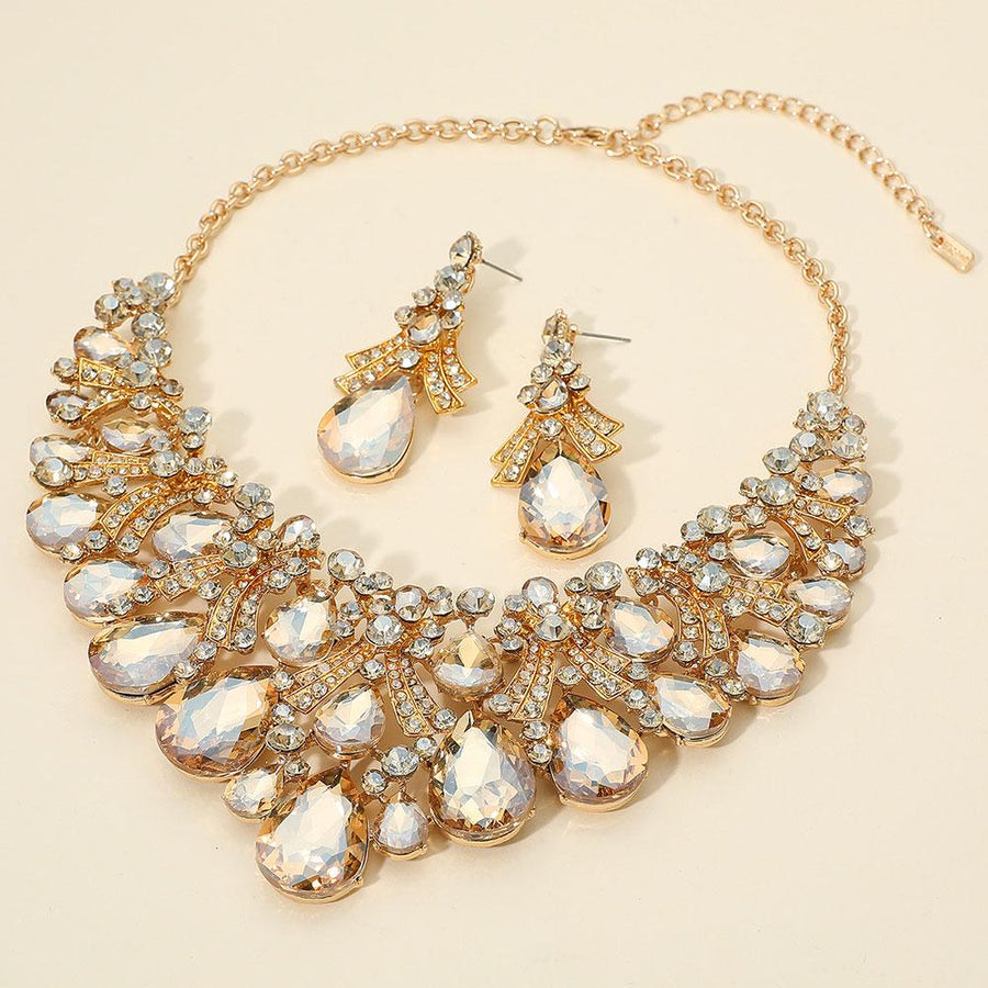 Teardrop Stone Cluster Embellished Bib Statement Necklace Set - Bridal Bib Necklaces and Earring Sets