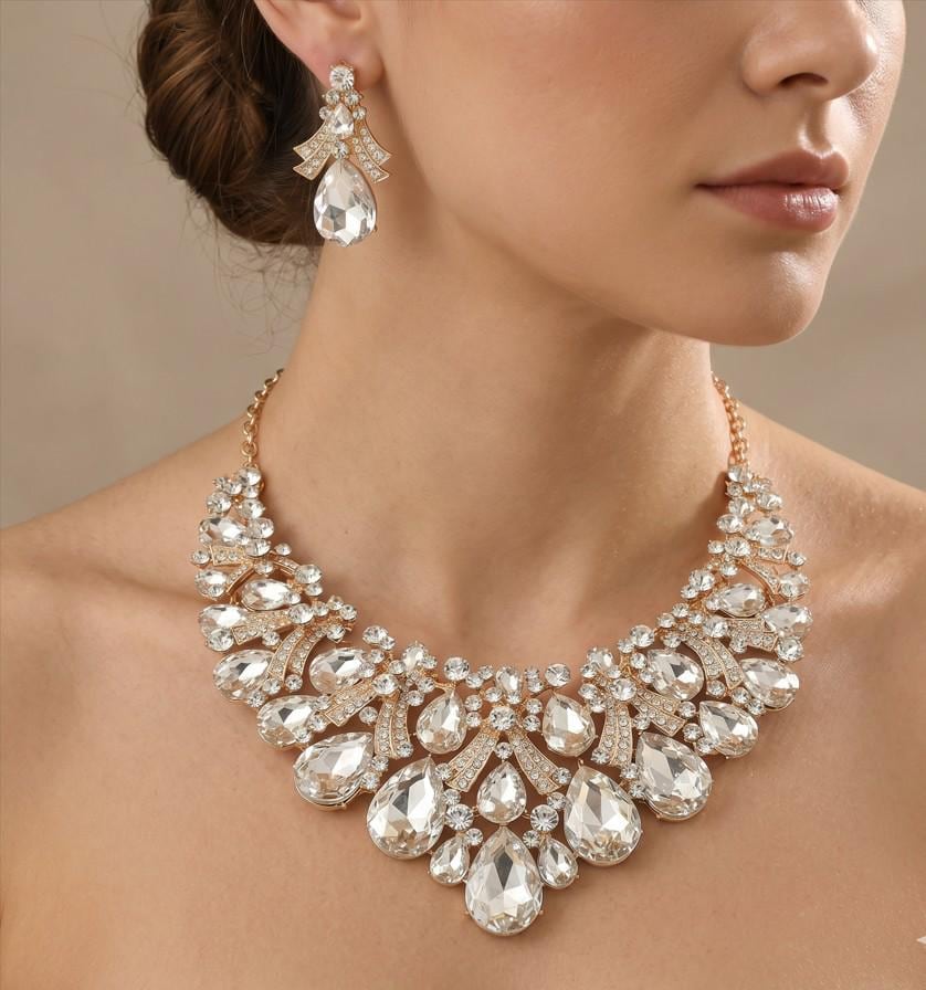 Teardrop Stone Cluster Embellished Bib Statement Necklace Set - Bridal Bib Necklaces and Earring Sets