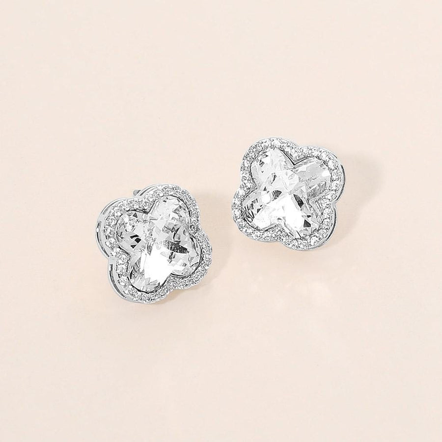 CZ Quatrefoil Stud Earrings | Dainty Crystal Minimalist Clover Earrings for Women | Everyday Fashion Jewelry