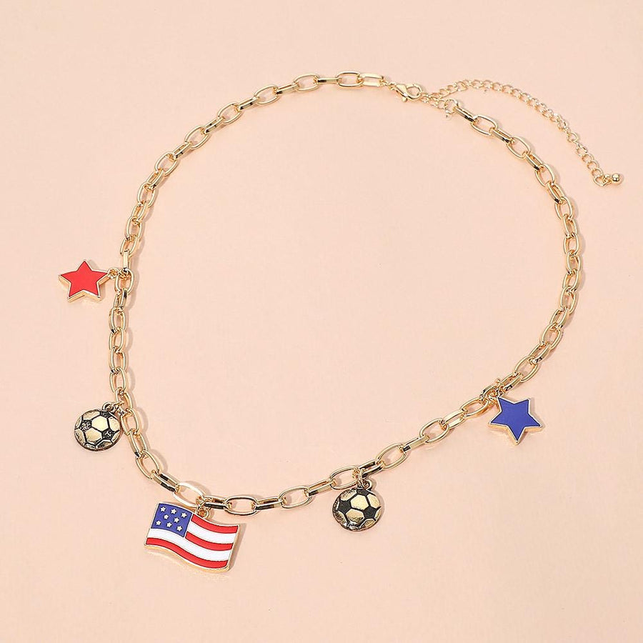American USA Flag Star Soccer Ball Charm Station Necklace - Patriotic Sports Gift